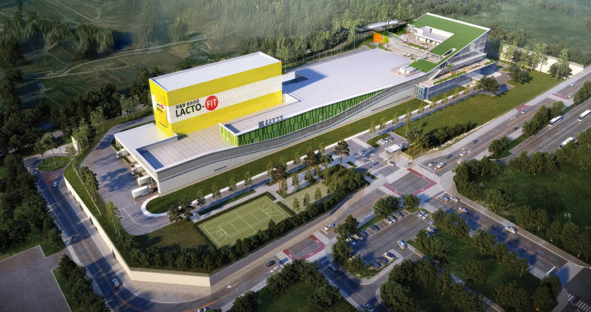 「LACTO-FIT」のロゴが入った大規模な工場または企業施設の鳥瞰図